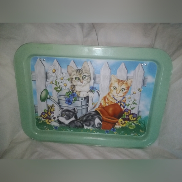 Vintage Playful Kitten Cat Flowers Lap Tray Signed Ross Avidon - Picture 1 of 7